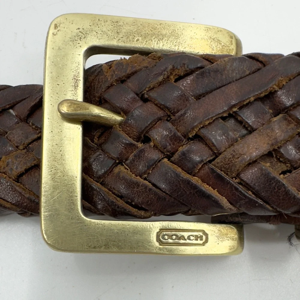 Coach Brown Leather Belt Mens 42 Woven Braided Classic Logo Brass Buckle Brown